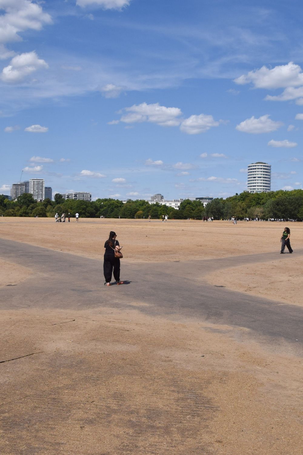 People walk in a very dry Hyde Park. A drought has been declared in half of England and the whole of London following a series of record-breaking heatwaves.
