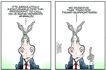 Political Cartoon U.S. Democrats MS 13 members Trump supporters