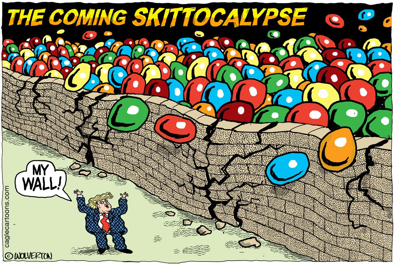 Political cartoon U.S. 2016 election Donald Trump skittles immigration