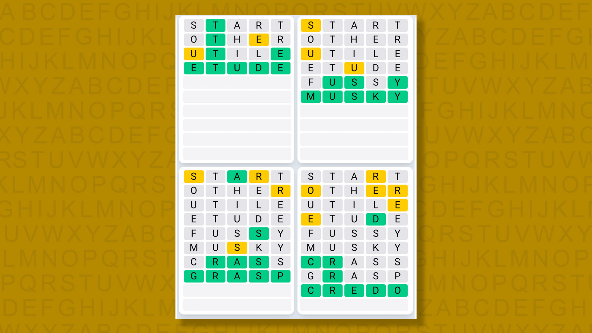 Quordle Daily Sequence answers for game 1439 on a yellow background