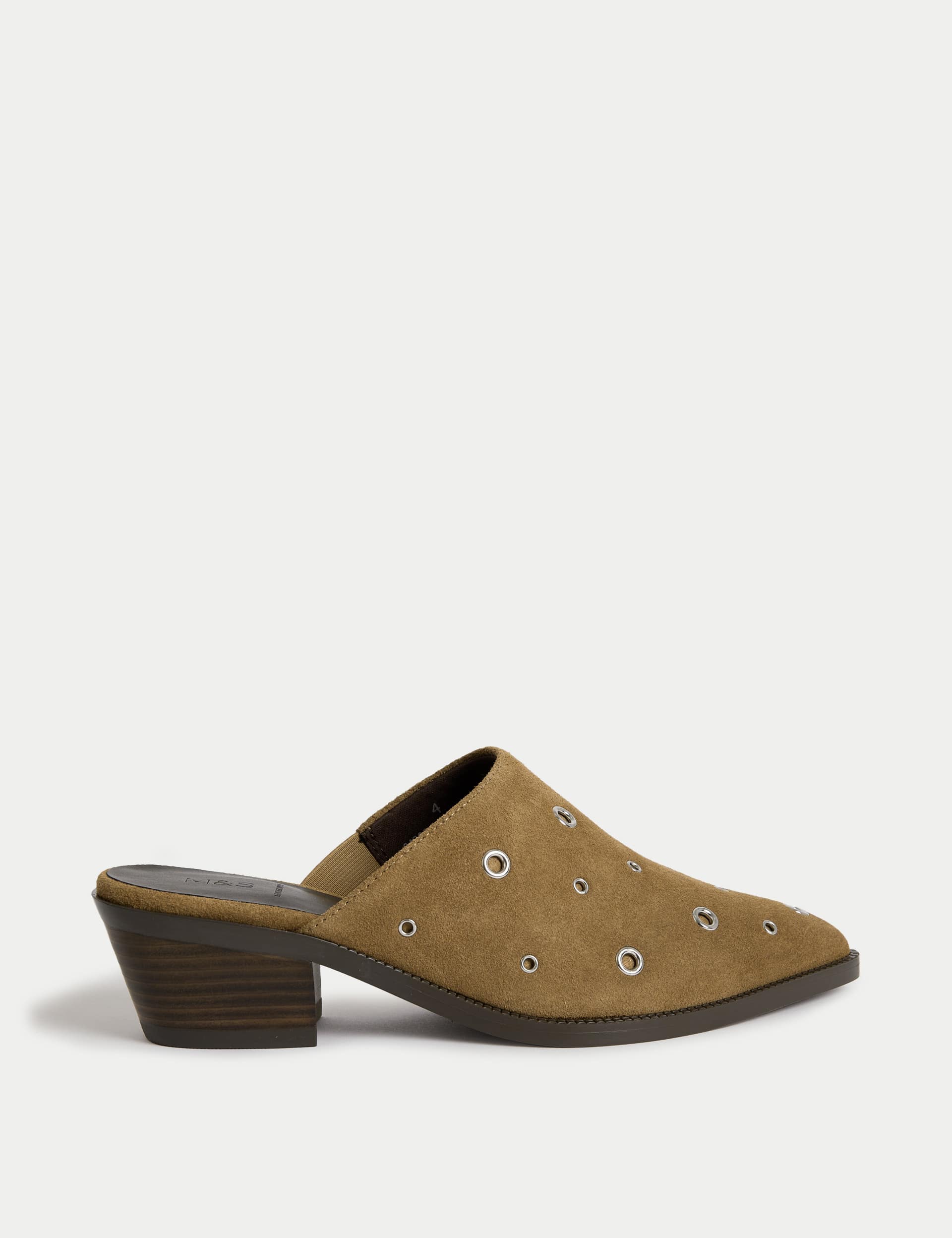 Suede Eyelet Block Heel Muels