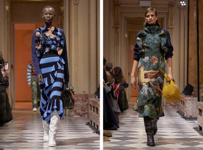 Left, model wears contrasting blue striped knitted skirt and floral top. Right, model wears a jungle scene jumpsuit with leather boots.