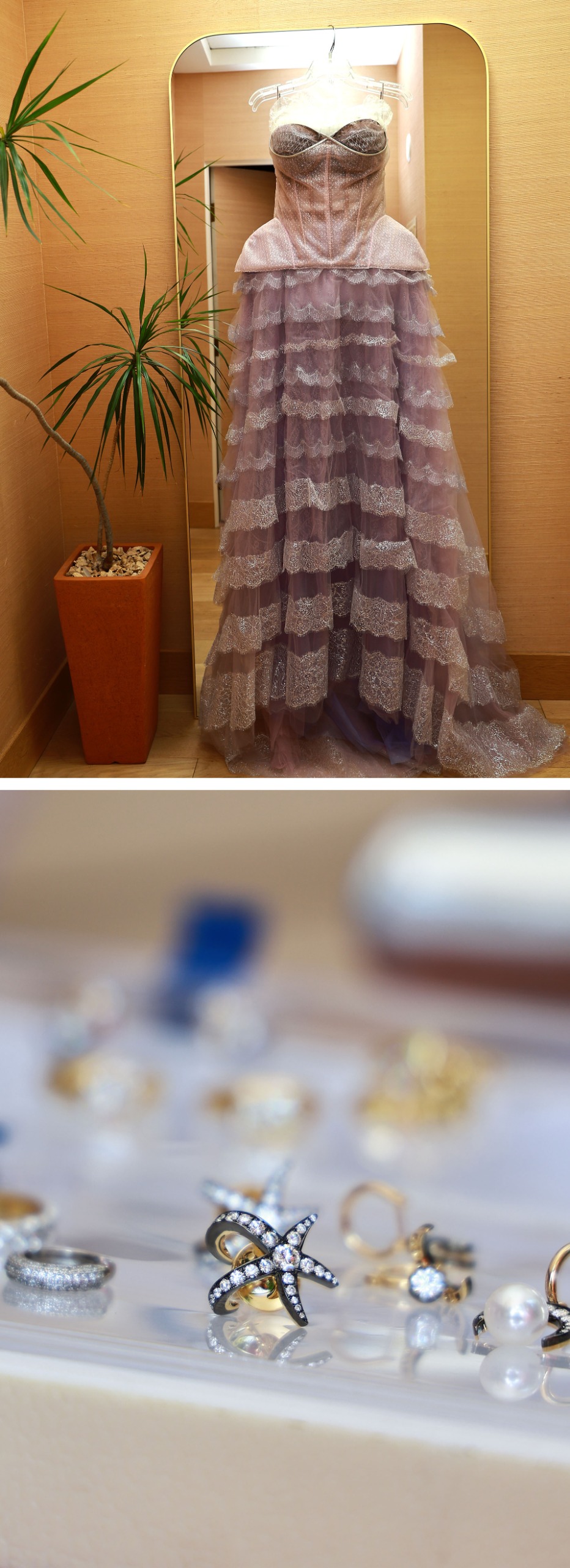 Top: Jessica Williams's custom Honor dress on a hanger. Bottom: Close-up of a selection of rings.