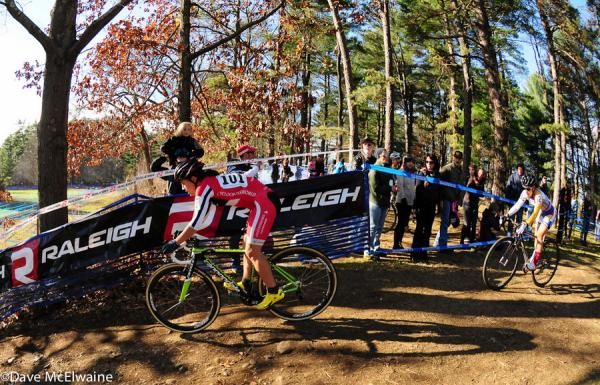 Crystal Anthony (Cyclocrossworld.com) leading Arley Kemmerer as they approach the descent