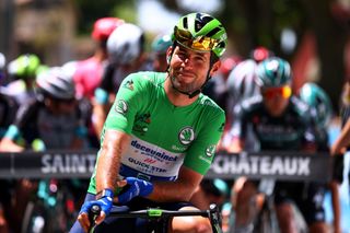 Mark Cavendish of Deceuninck-QuickStep in Green Points Jersey at start of stage 12