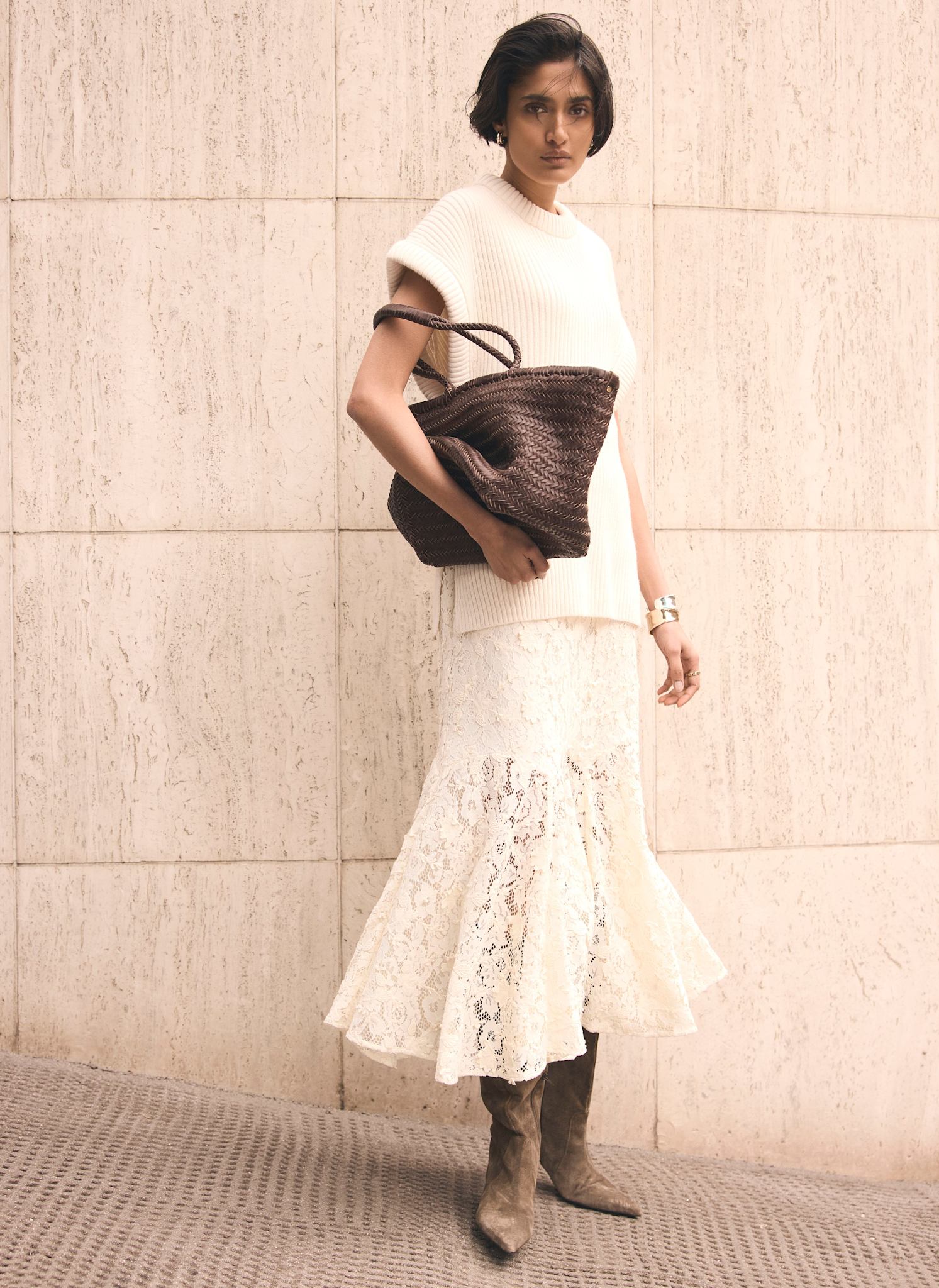 Cream Lace Midi Skirt