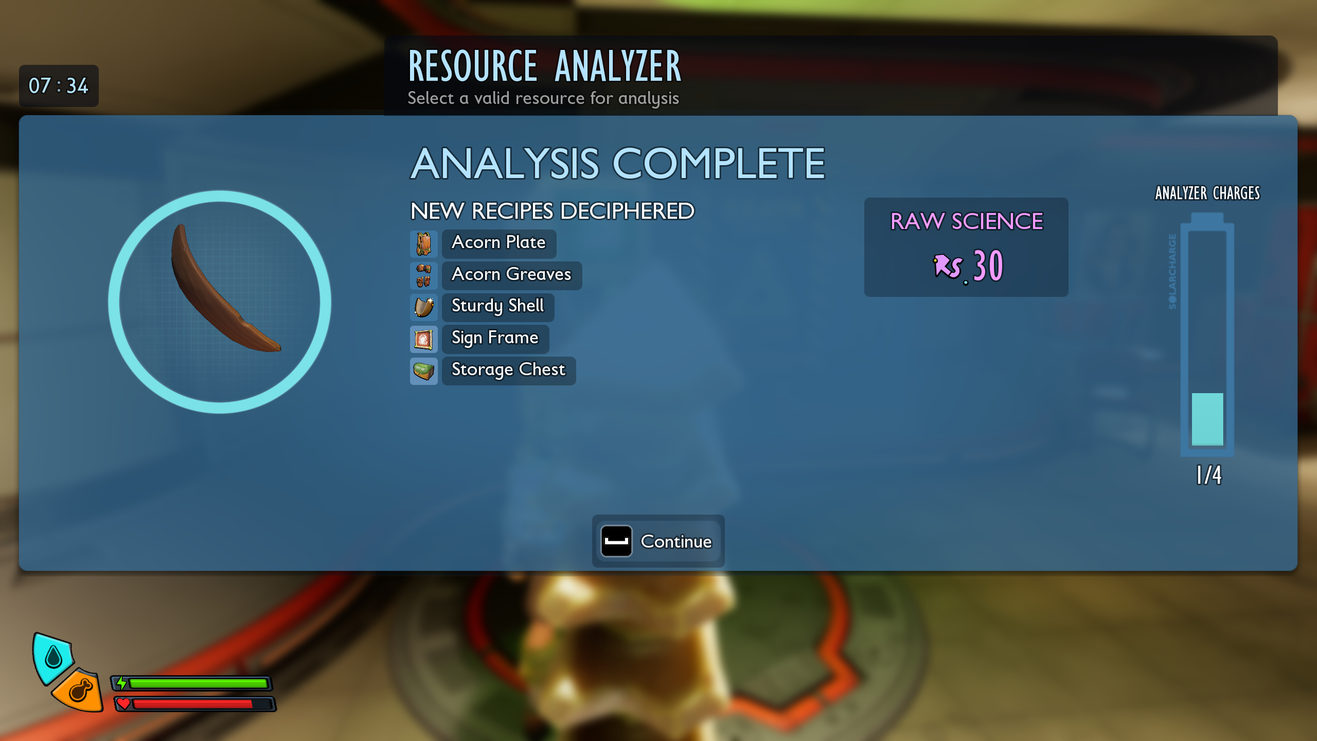Grounded 2 tips: The resource analyser results for a piece of acorn shell.