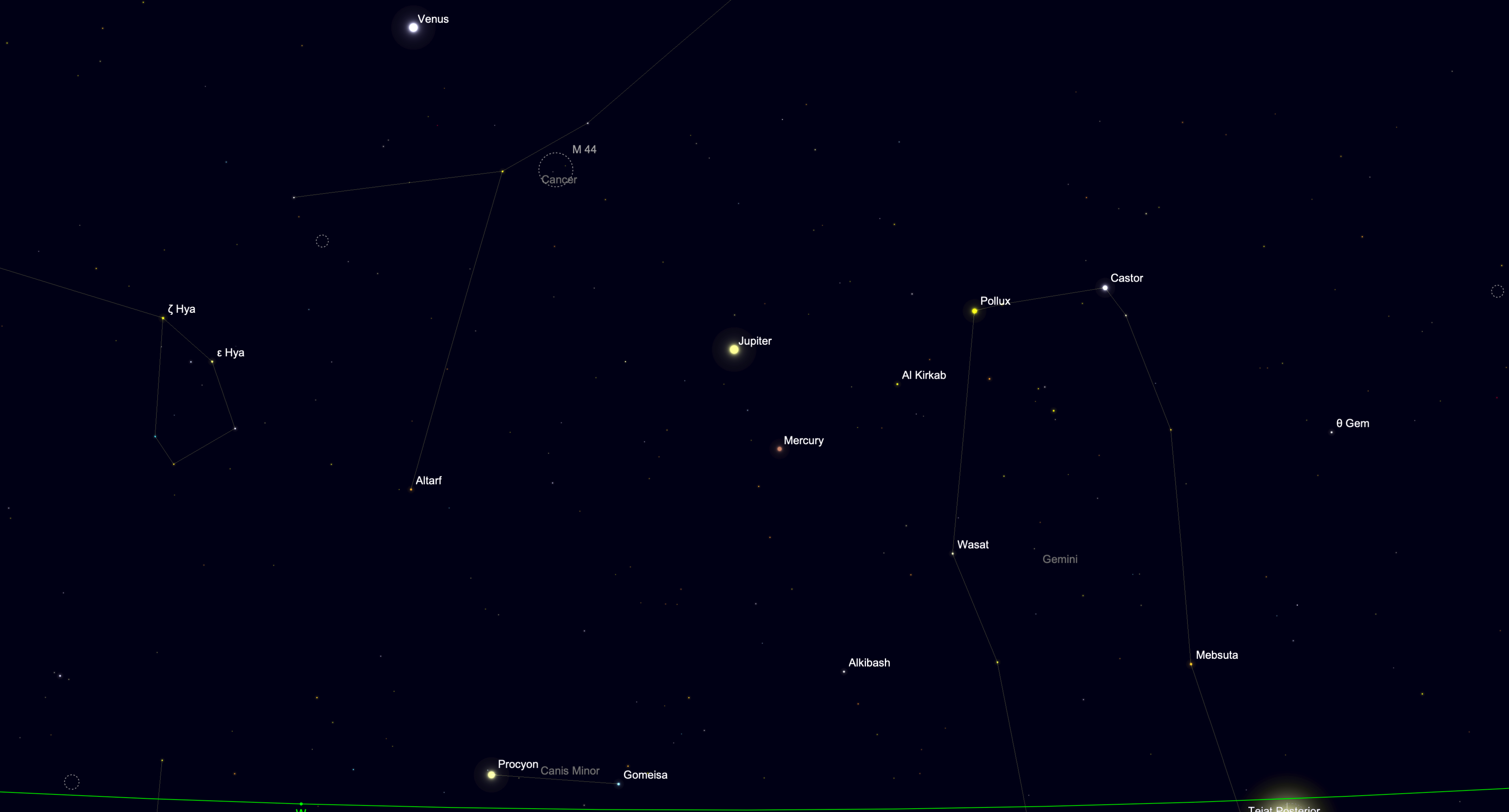 Sky chart showing Mercury and Jupiter low in the western dusk sky.