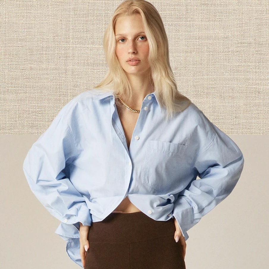 model shot of a J.Crew fall 2025 collection outfit with a blue button-down shirt and brown pants