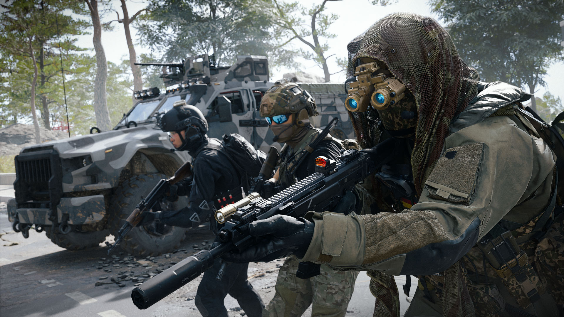 Three players ready their weapons next to a miliary truck in Call of Duty: Modern Warfare 4's DMZ mode