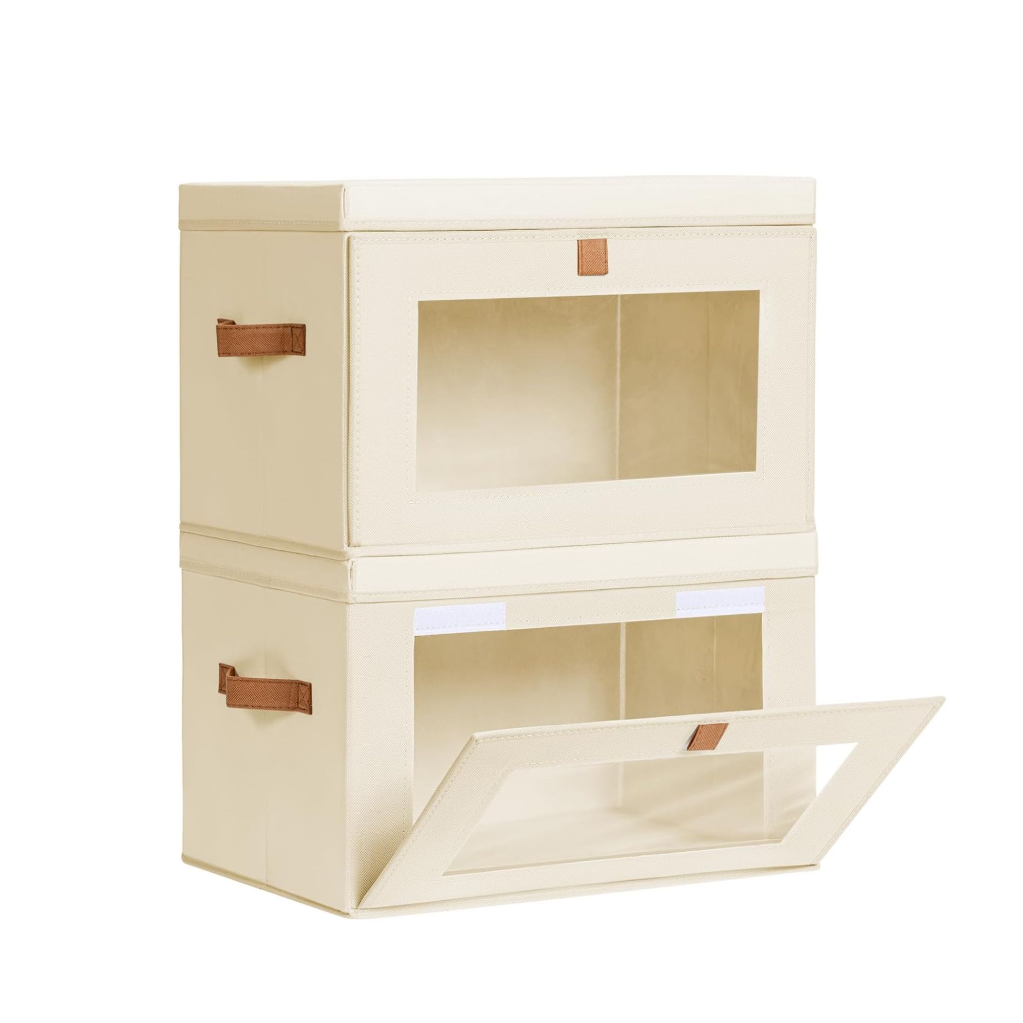 Two beige storage boxes stacked on top of each other, with brown handles and clear windows