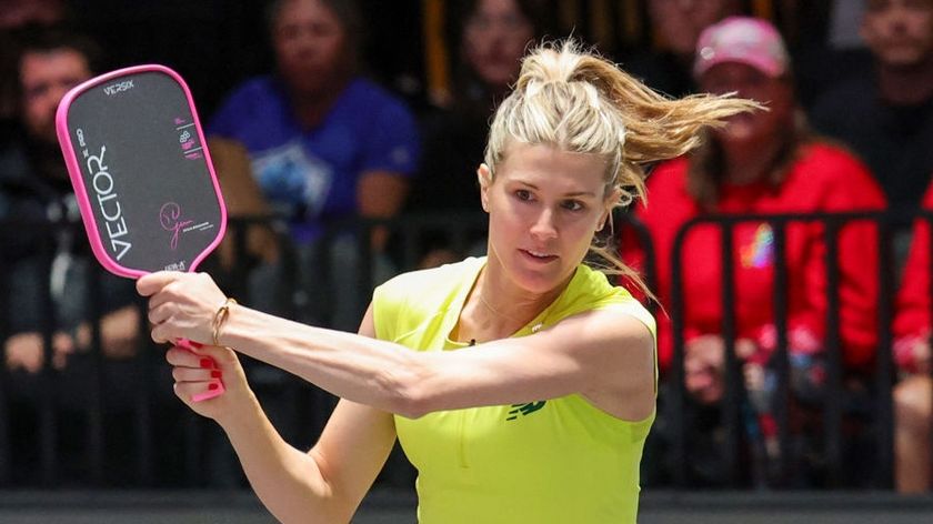 Eugenie Bouchard plays in a doubles match with Andy Roddick against Steffi Graf and Andre Agassi during Pickleball Slam 3 at Michelob ULTRA Arena on February 16, 2025 in Las Vegas, Nevada. (Photo by Ethan Miller/Getty Images)