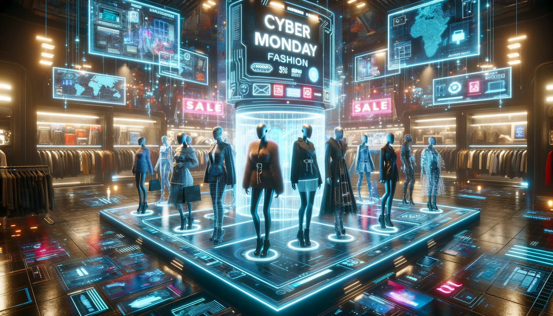  A futuristic 3D rendered image representing Fashion on Cyber Monday. The image shows a bustling digital marketplace, with holographic displays showcasing different clothing 