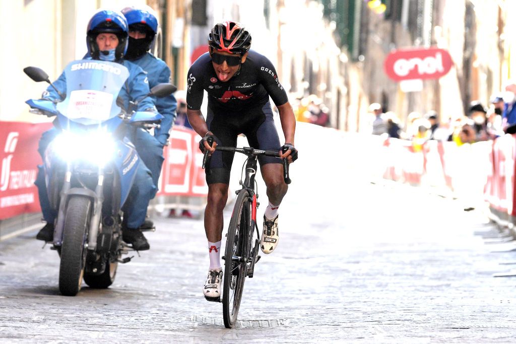 SIENA ITALY MARCH 06 Egan Arley Bernal Gomez of Colombia and Team INEOS Grenadiers during the Eroica 15th Strade Bianche 2021 Mens Elite a 184km race from Siena to Siena Piazza del Campo StradeBianche on March 06 2021 in Siena Italy Photo by Luc ClaessenGetty Images