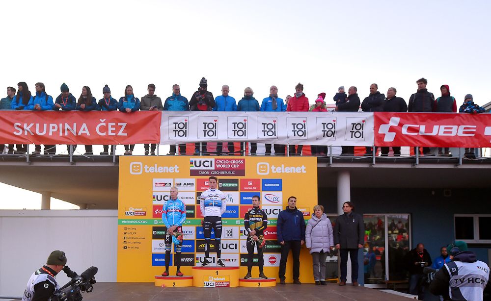 Tabor Wolrd Cup podium: Michael Vanthourenhout (Marlux - Bingoal), Mathieu van der Poel (Corendon - Circus) and Lars Van der Haar (Telenet Fidea Lions)