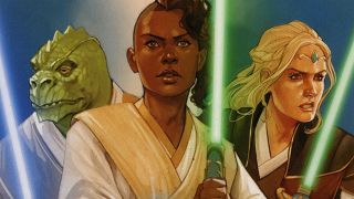 Part of the novel cover image from The High Republic: Light of the Jedi by Charles Soule book. Here we see 3 Jedi standing together, all holding up their lightsabers ready to fight. On the left is a green reptile-humanoid Jedi with a blue lightsaber. In the middle is a female Jedi with long brown hair on one side of her head and shaved on the other, holding up a green lightsaber. On the right is a blonde-haired female Jedi holding up a green lightsaber. She is also wearing a gold diadem on her forehead.