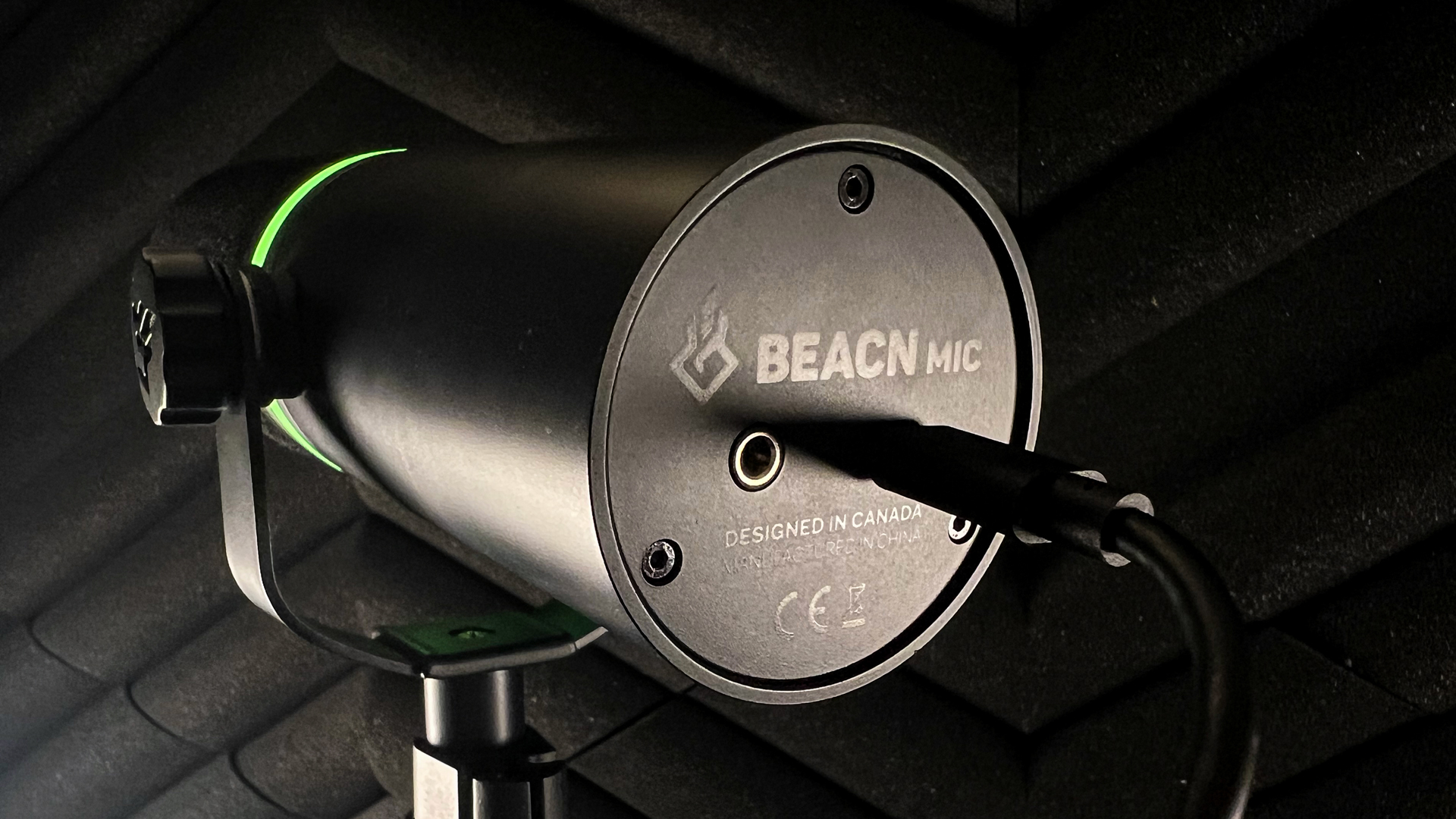 BEACN Mic's bottom, showing the brand logo, USB-C connection, and audio jack