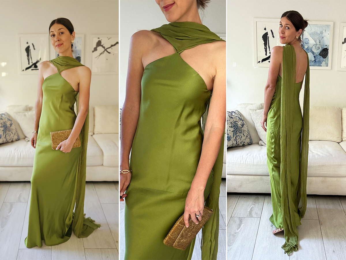 Woman in green silk long Mango dress