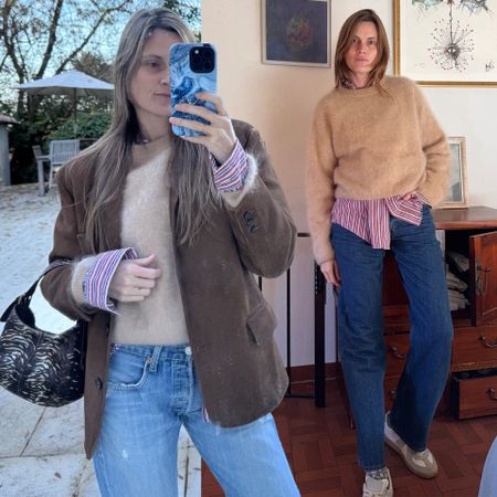 Collage of French writer and fashion editor Eugenie Trochu poses in a corduroy jacket, tan sweater layered over a striped button-down shirt, an animal print bag, jeans, and sneakers