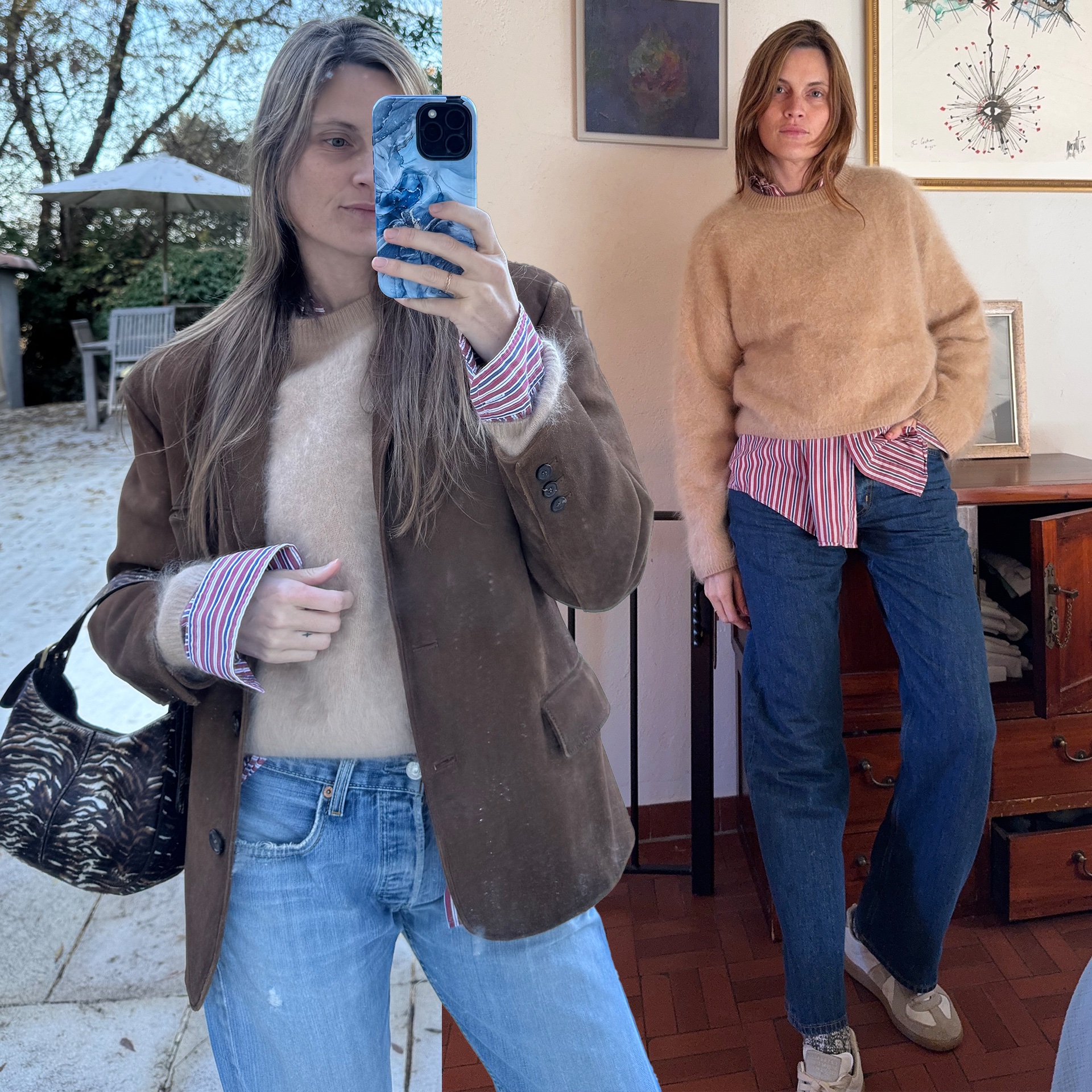 Collage of French writer and fashion editor Eugenie Trochu poses in a corduroy jacket, tan sweater layered over a striped button-down shirt, an animal print bag, jeans, and sneakers