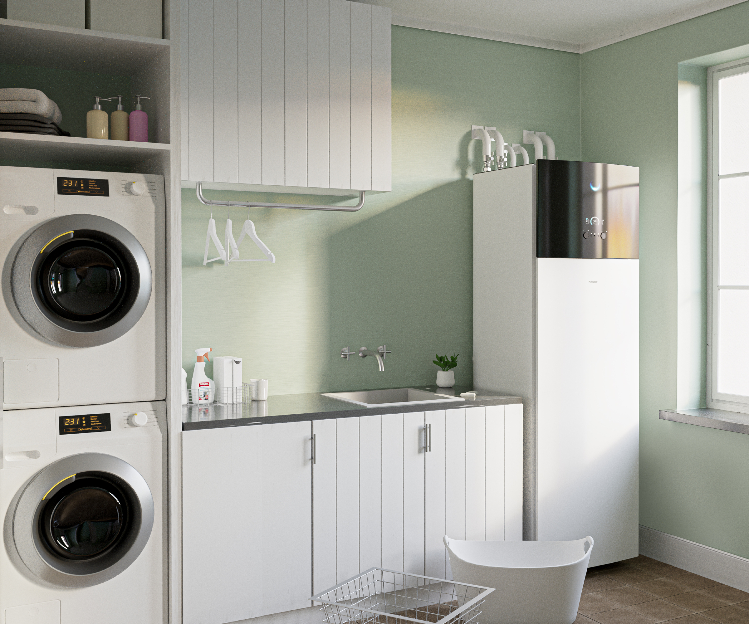 rendered image of a utility room with heat pump kit inside it