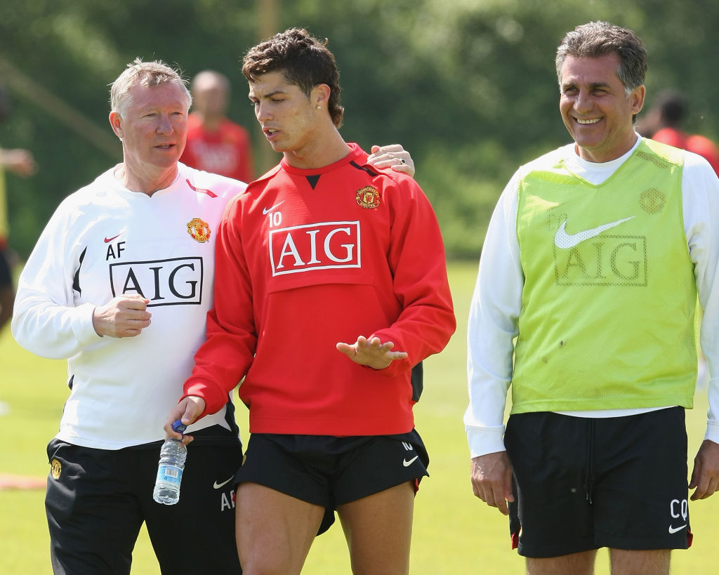 Sir Alex Ferguson, Cristiano Ronaldo and assistant manager Carlos Queiroz together at Manchester United