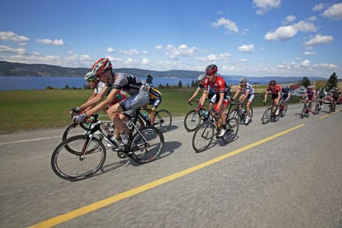 The breakaway make their way to H&oslash;nefoss on the final stage at the Tour of Norway