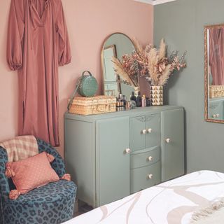 Pastel bedroom with mint green dressing table