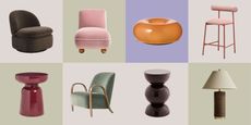 sculptural side tables, accent chairs, table lights