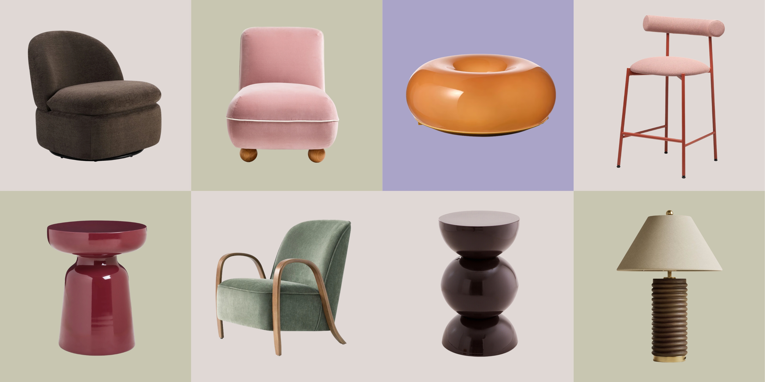 sculptural side tables, accent chairs, table lights