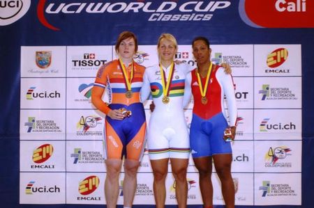 Women's sprint podium: Willy Kanis (2nd, Netherlands), Simona Krupeckaite (Lithuania) and Lisandra Guerra Rodriguez (3rd, Cuba)