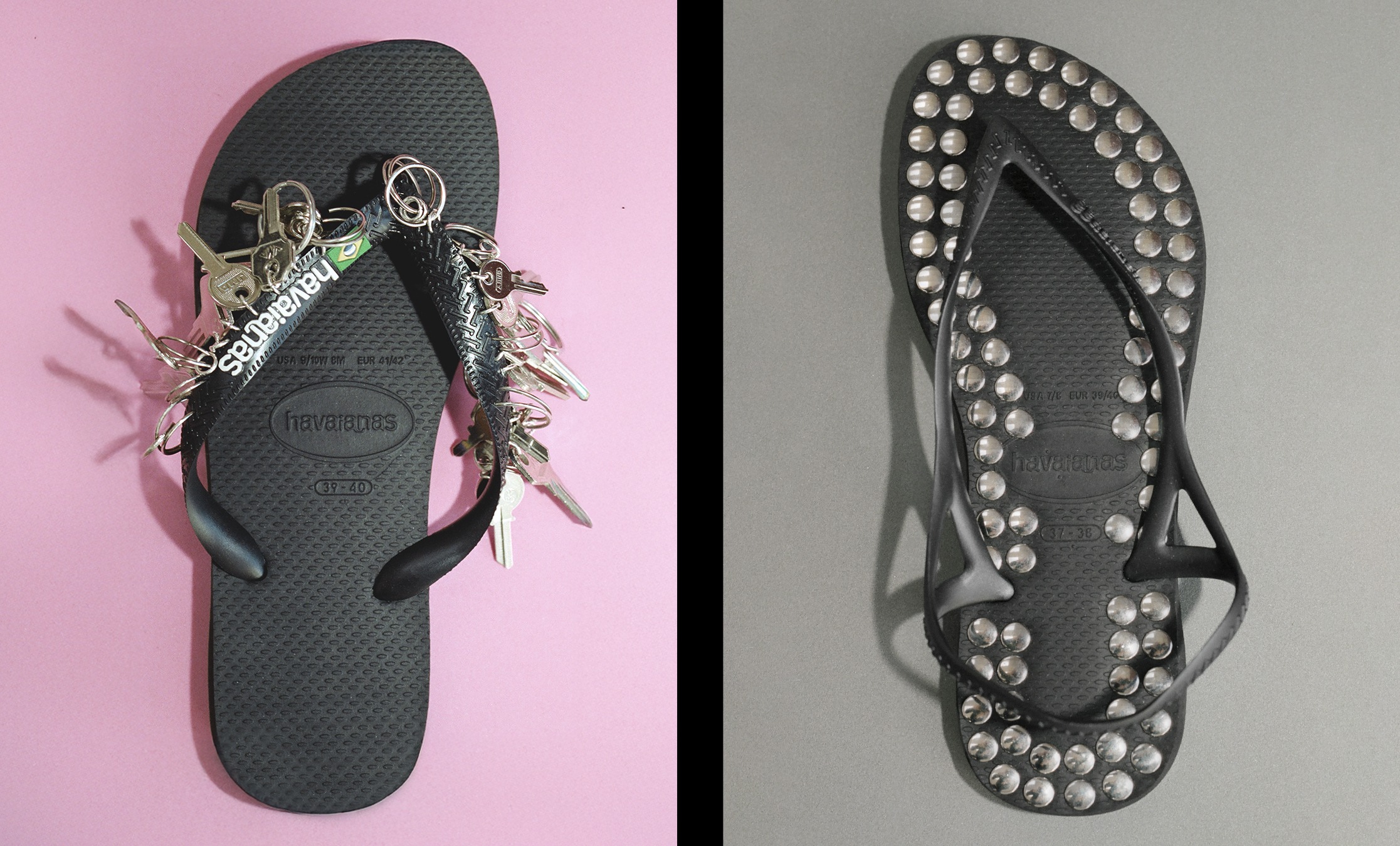 Collage of Havaianas x Gimaguas flip-flops.