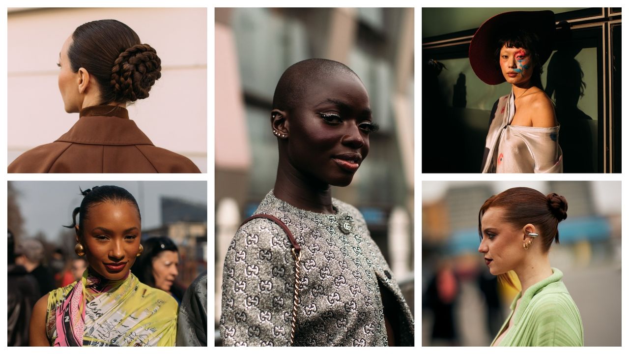 five women at milan fashion week with different beauty looks in a grid pattern