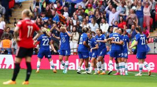 Chelsea players celebrate Sam Kerr's goal against Manchester United in the Women's FA Cup final at Wembley in May 2023.