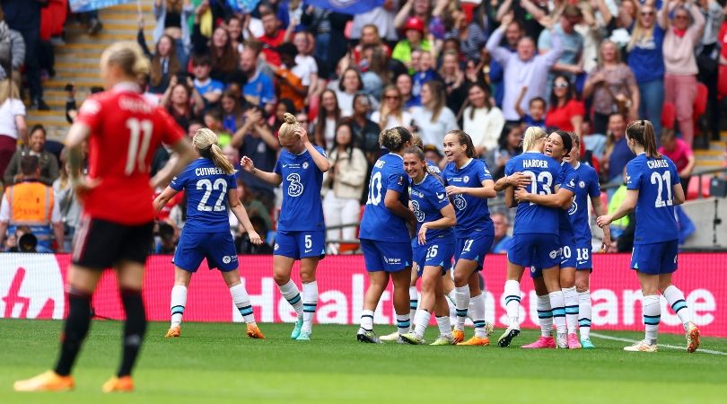 Chelsea players celebrate Sam Kerr&#039;s goal against Manchester United in the Women&#039;s FA Cup final at Wembley in May 2023.