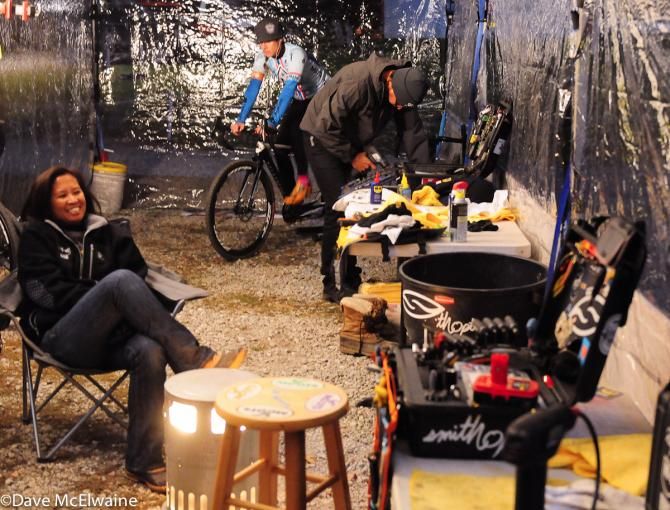 There was a toasty atmosphere in the WD-40 tent as Nicole Duke warmed up on her trainer