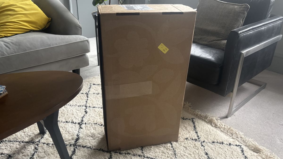 The Birch Organic Pillow still in its cardboard shipping box.