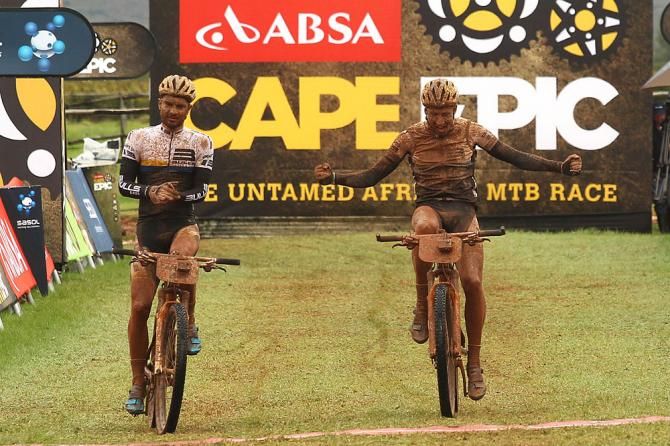 Tim Boehme and Simon Stiebjahn of Bulls 2 celebrate finishing third during stage 2