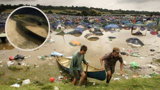 Flooding at Glastonbury 2005, with tents underwater
