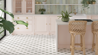Pink and green kitchen with patterned flooring