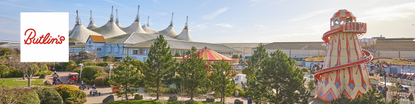 butlins logo top left with a wide image of butlins from above