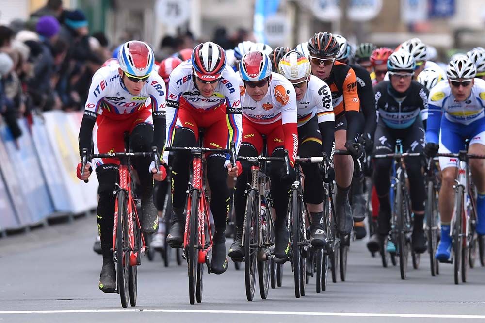 The Katusha team lead out the sprint