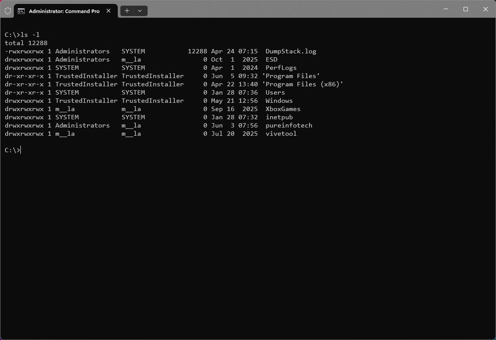 Windows Terminal with Coreutils installed showing Linux style commands.