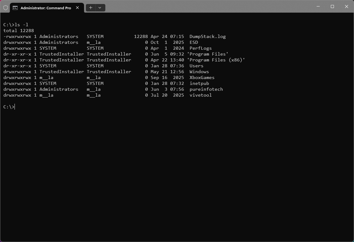 Windows Terminal with Coreutils installed showing Linux style commands.