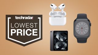 Apple products on a tan TechRadar deals background