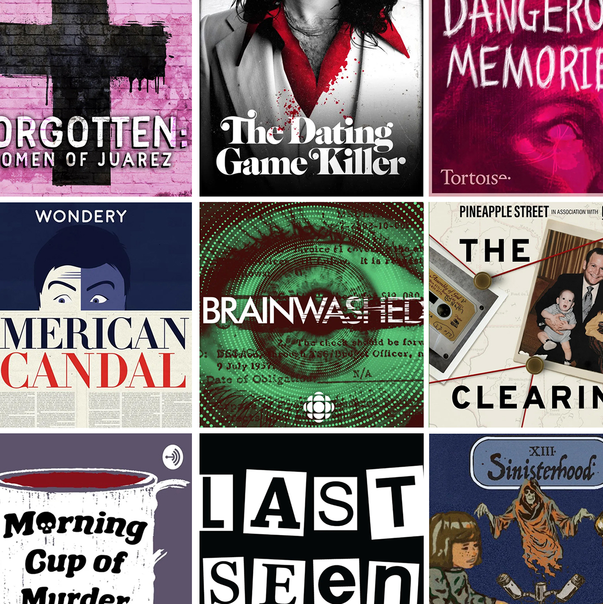 a collage of the best true crime podcast cover thumbnail images including american scandal morning cup of murder last seen and many others