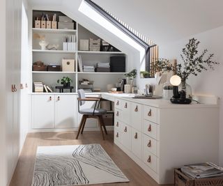 built in white home office in loft with sloped ceiling