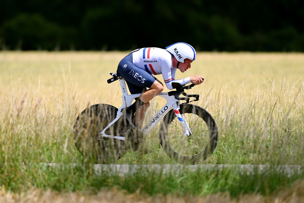 LA BATIE DURFE FRANCE JUNE 08 Ethan Hayter of United Kingdom and Team INEOS Grenadiers sprints during the 74th Criterium du Dauphine 2022 Stage 4 a 319km individual time trial from Montbrison to La Btie dUrf WorldTour Dauphin on June 08 2022 in La Batie dUrfe France Photo by Dario BelingheriGetty Images