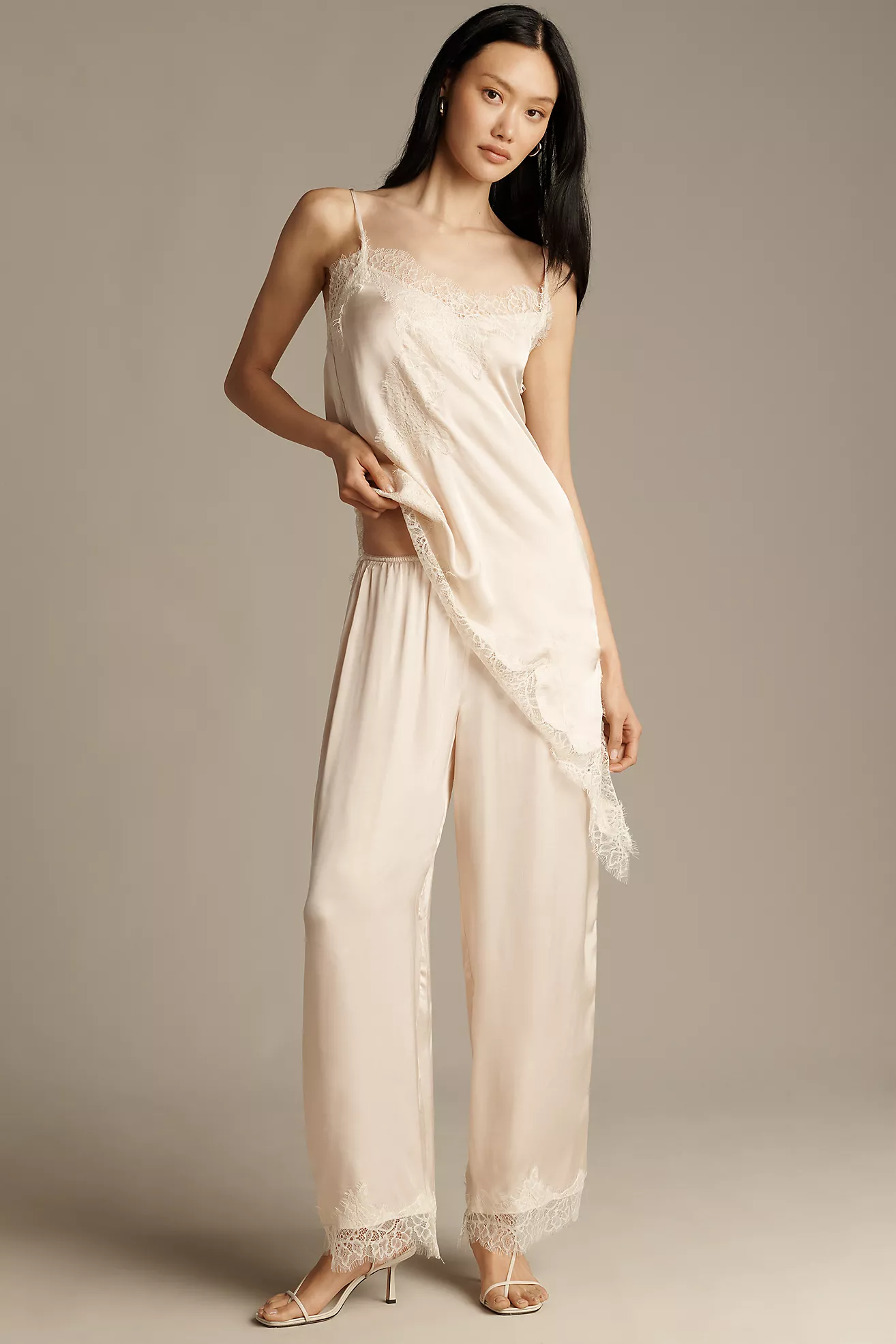 Lyrebird Satin Lace-Trim Wide-Leg Trousers
