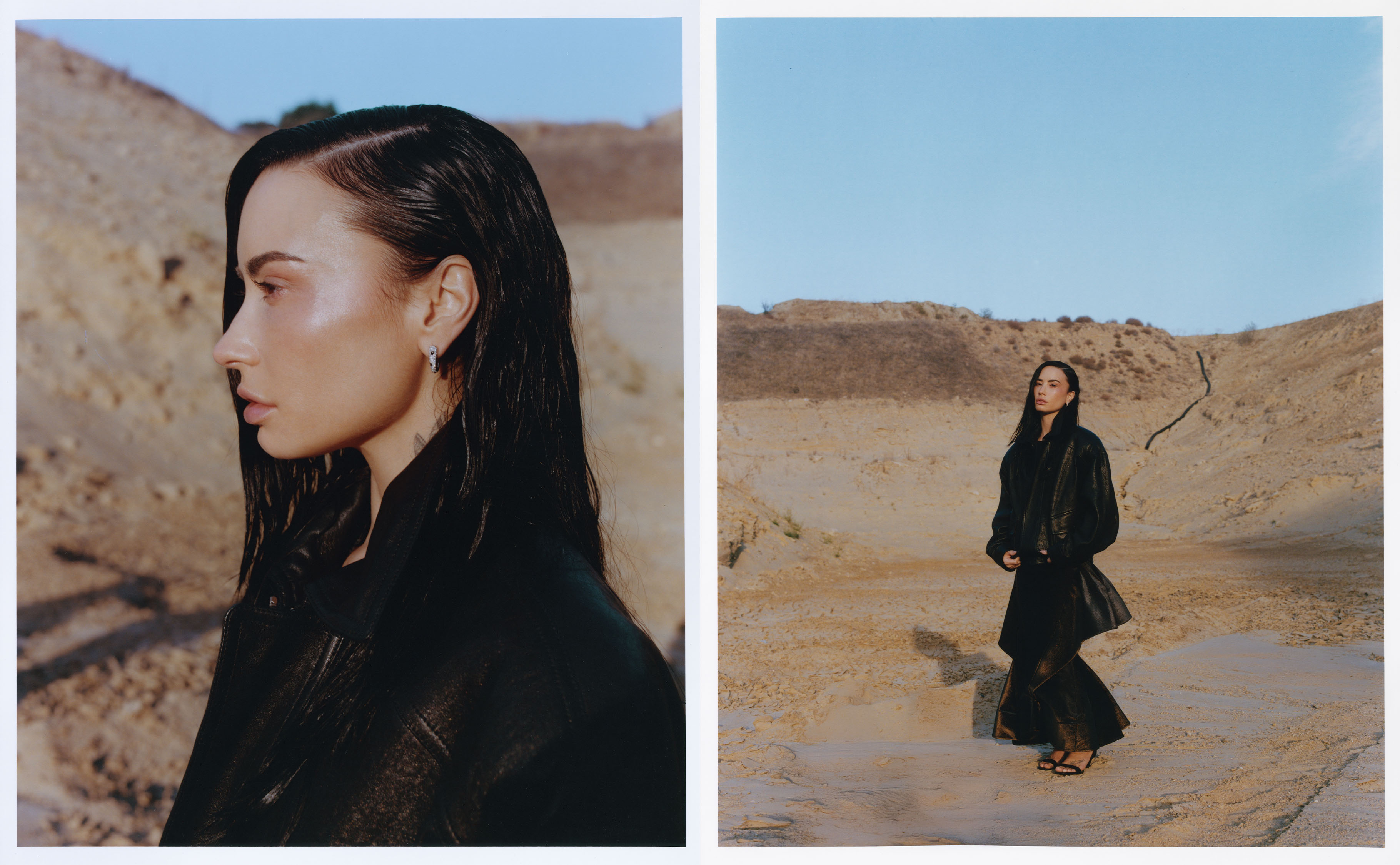 Demi Lovato forBest Knockoff Luxury Clothing
&#039;s November cover. On the left is a side profile of Lovato with sand dunes in the background. She is wearing a black leather jacket. On the right, Lovato stands with sand dunes in the background wearing a black leather jacket and tiered black skirt.